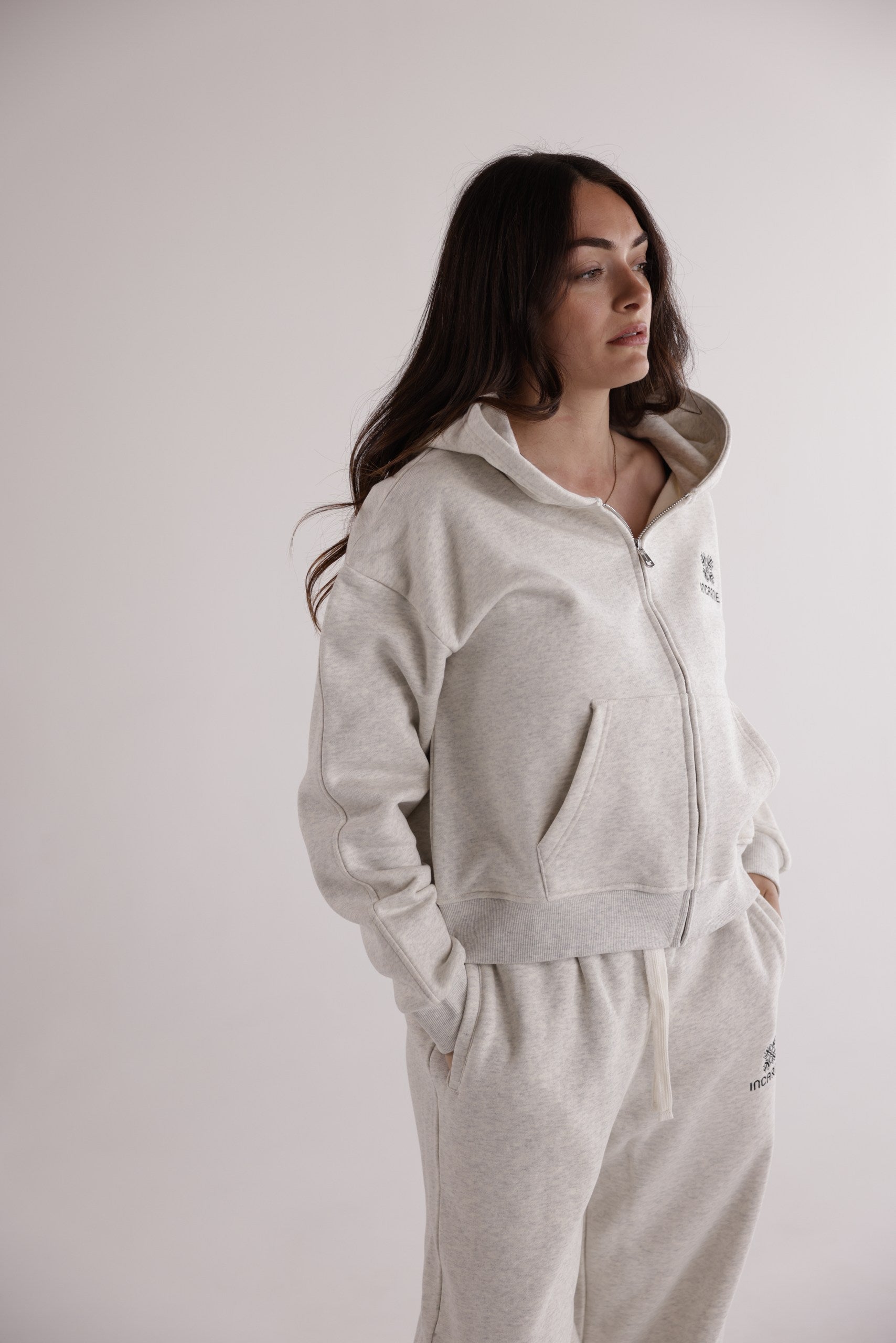 WOMEN'S EMBLEM ZIP HOODIE – GREIGE