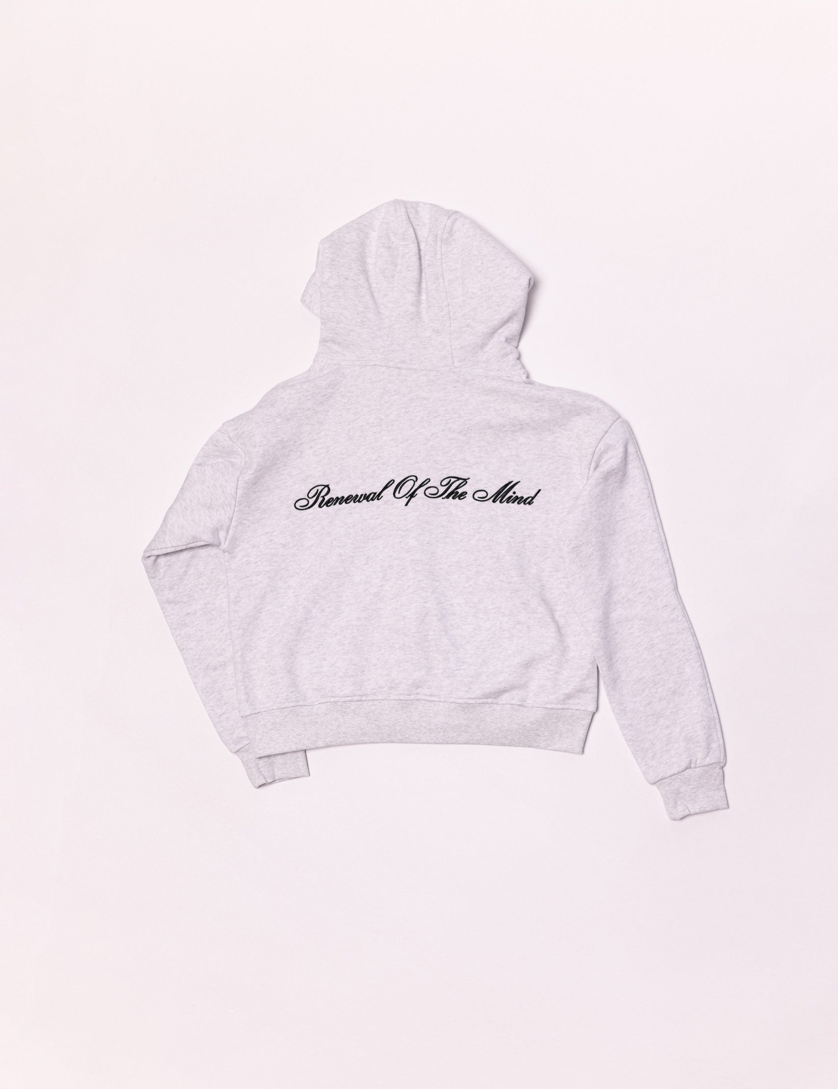 Light gray hoodie with text on the back against a white background