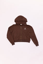 Brown hoodie with a brand logo on a light background