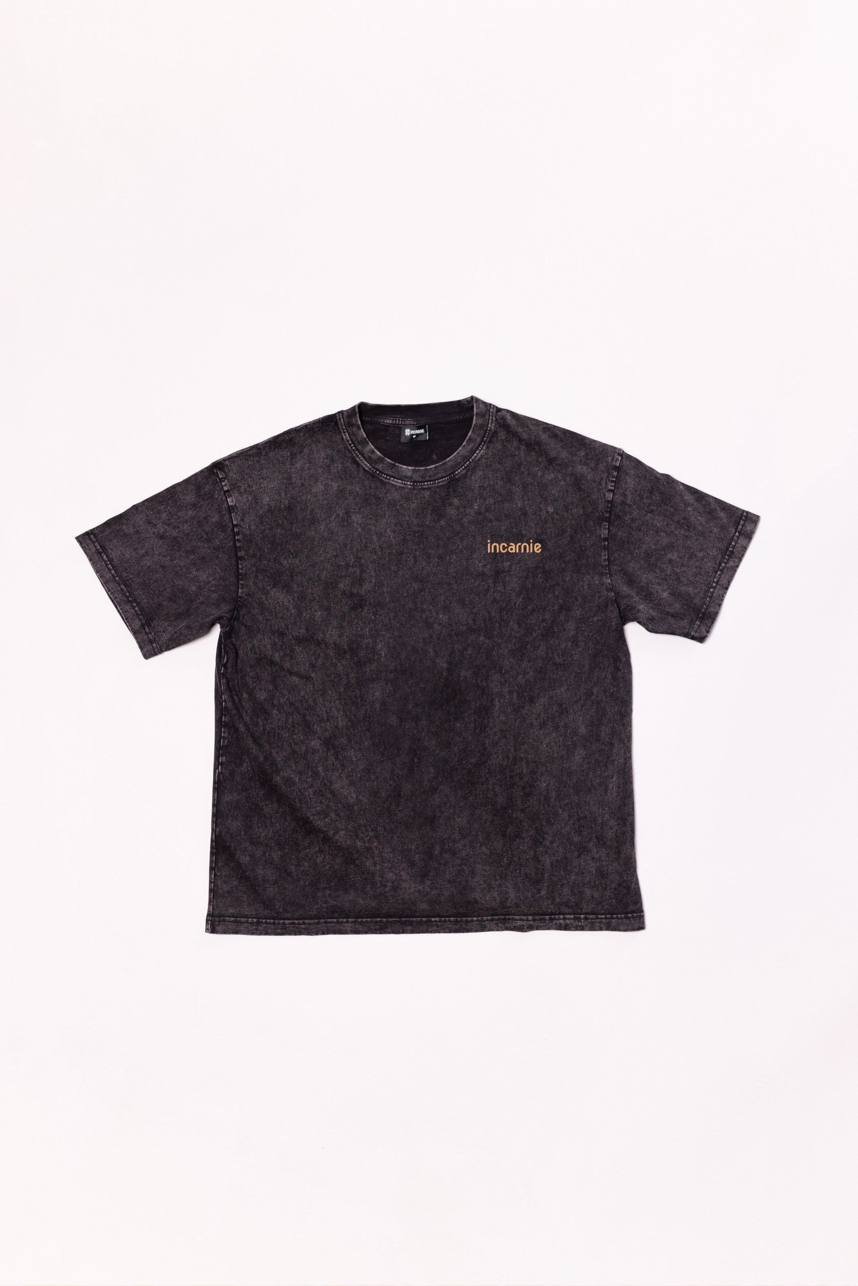 Black t-shirt with a logo on a white background