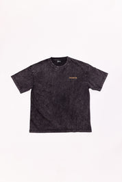 Black t-shirt with a logo on a white background