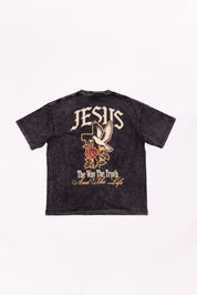 Black t-shirt with religious design on a white background