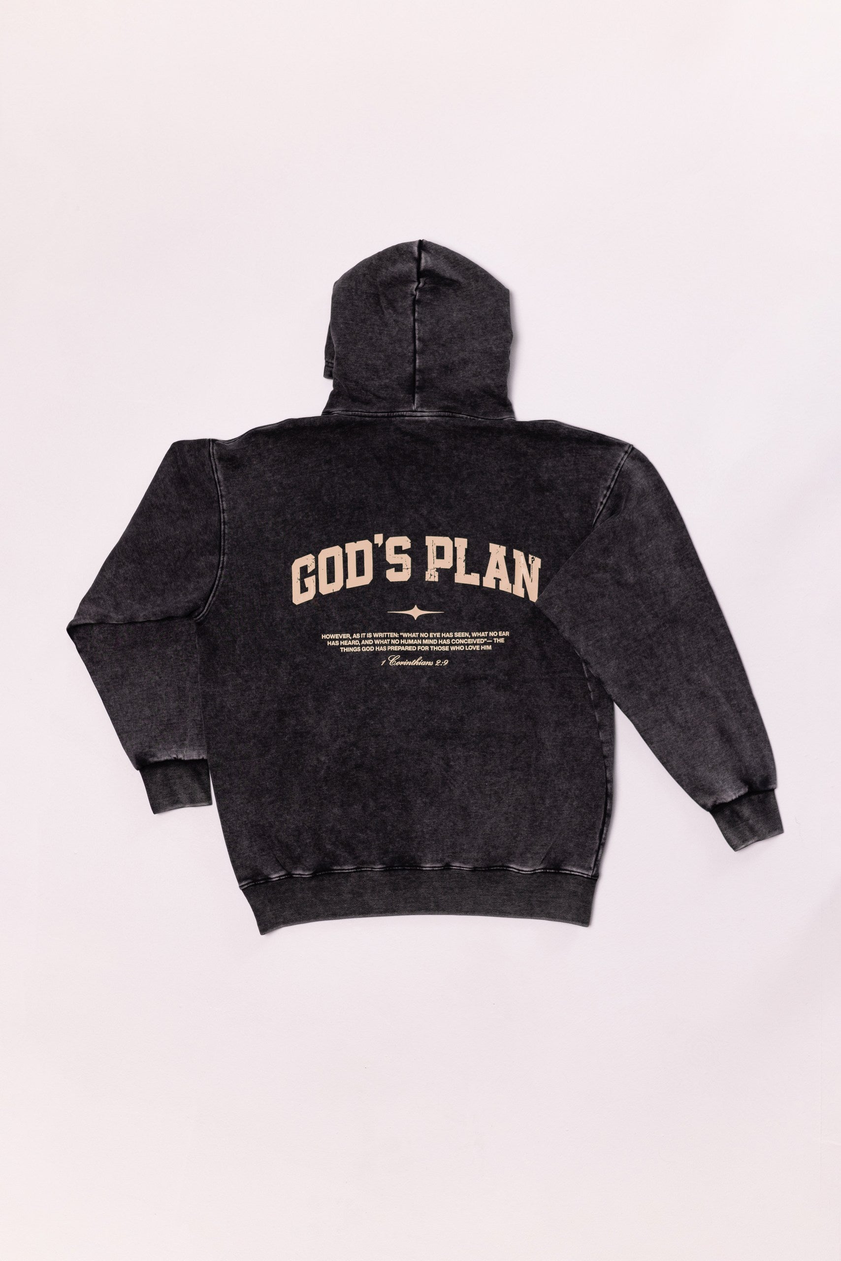 Black hoodie with 'God's Plan' text on the back against a white background