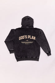 Black hoodie with 'God's Plan' text on the back against a white background
