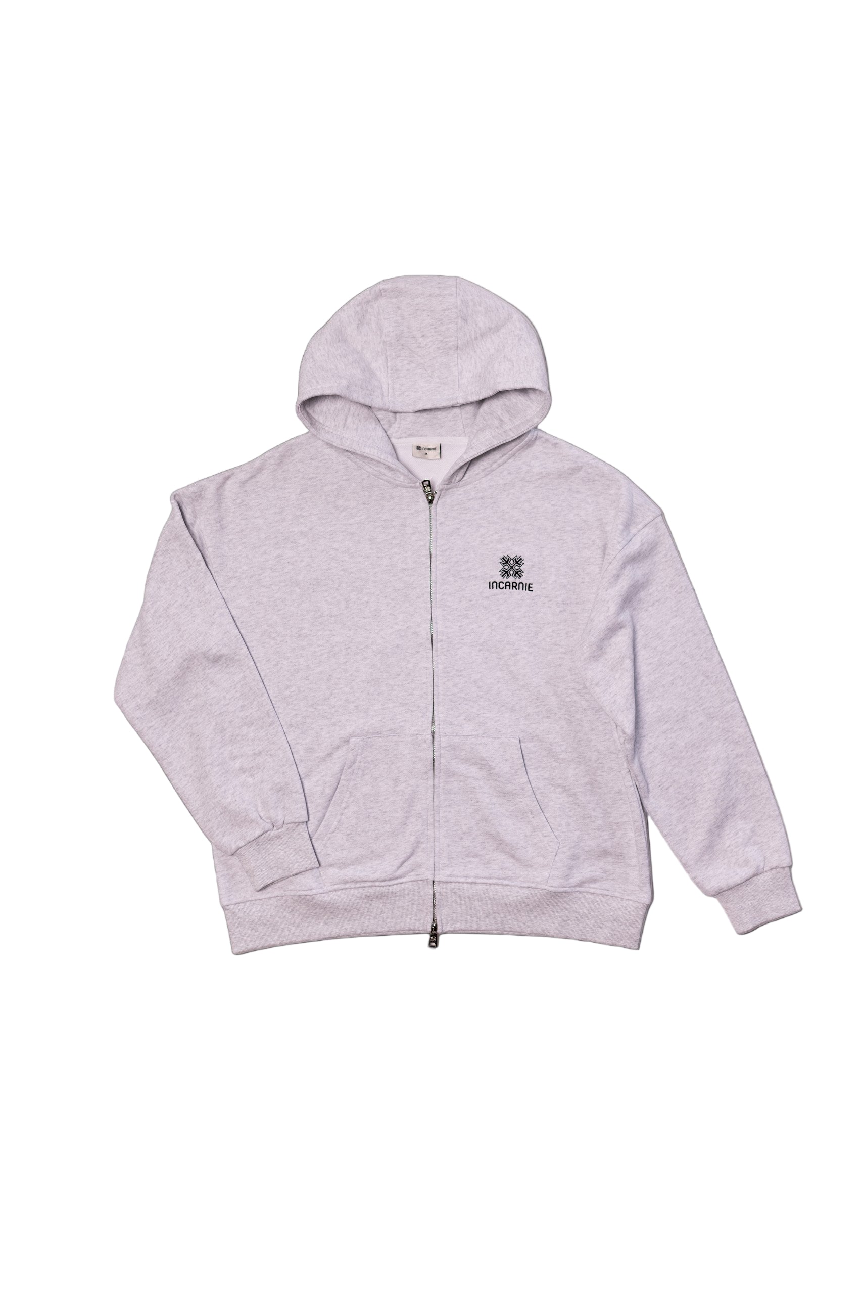 Gray hoodie with logo on front against a white background
