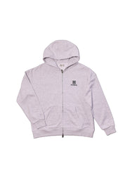 Gray hoodie with logo on front against a white background