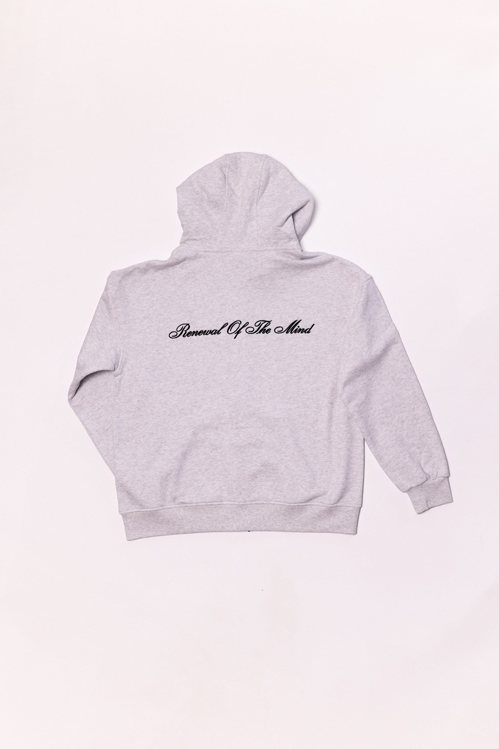 Gray hoodie with text on the back against a white background