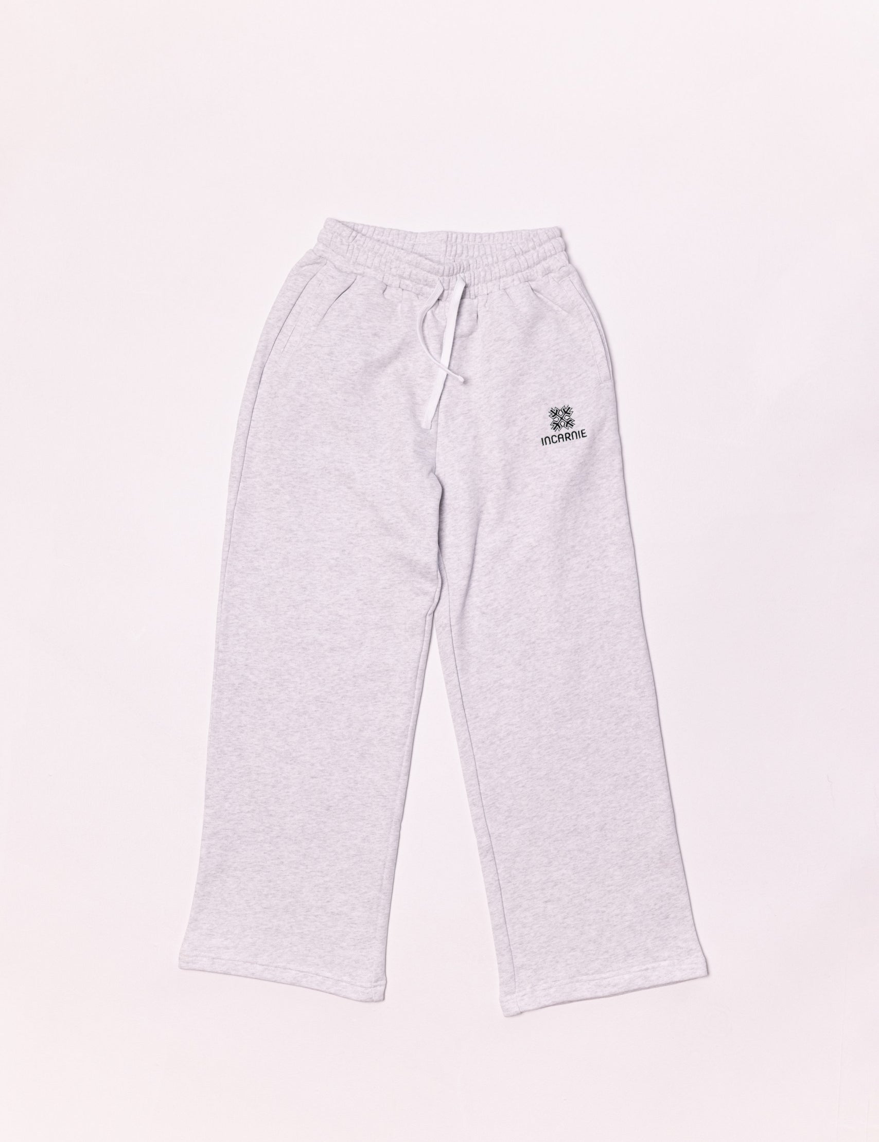 Light gray sweatpants on a white background with logo