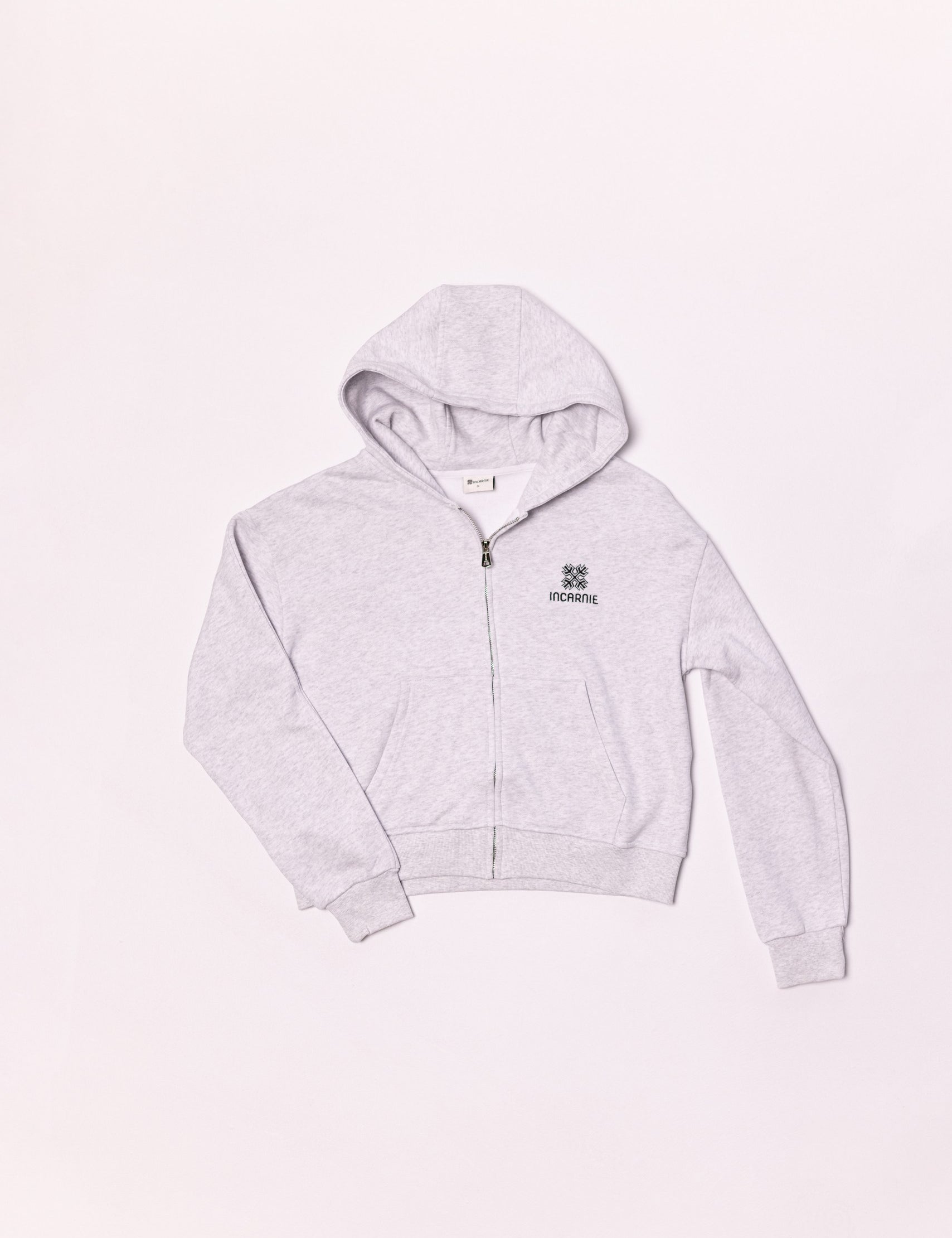 Gray hoodie with a brand logo on a white background