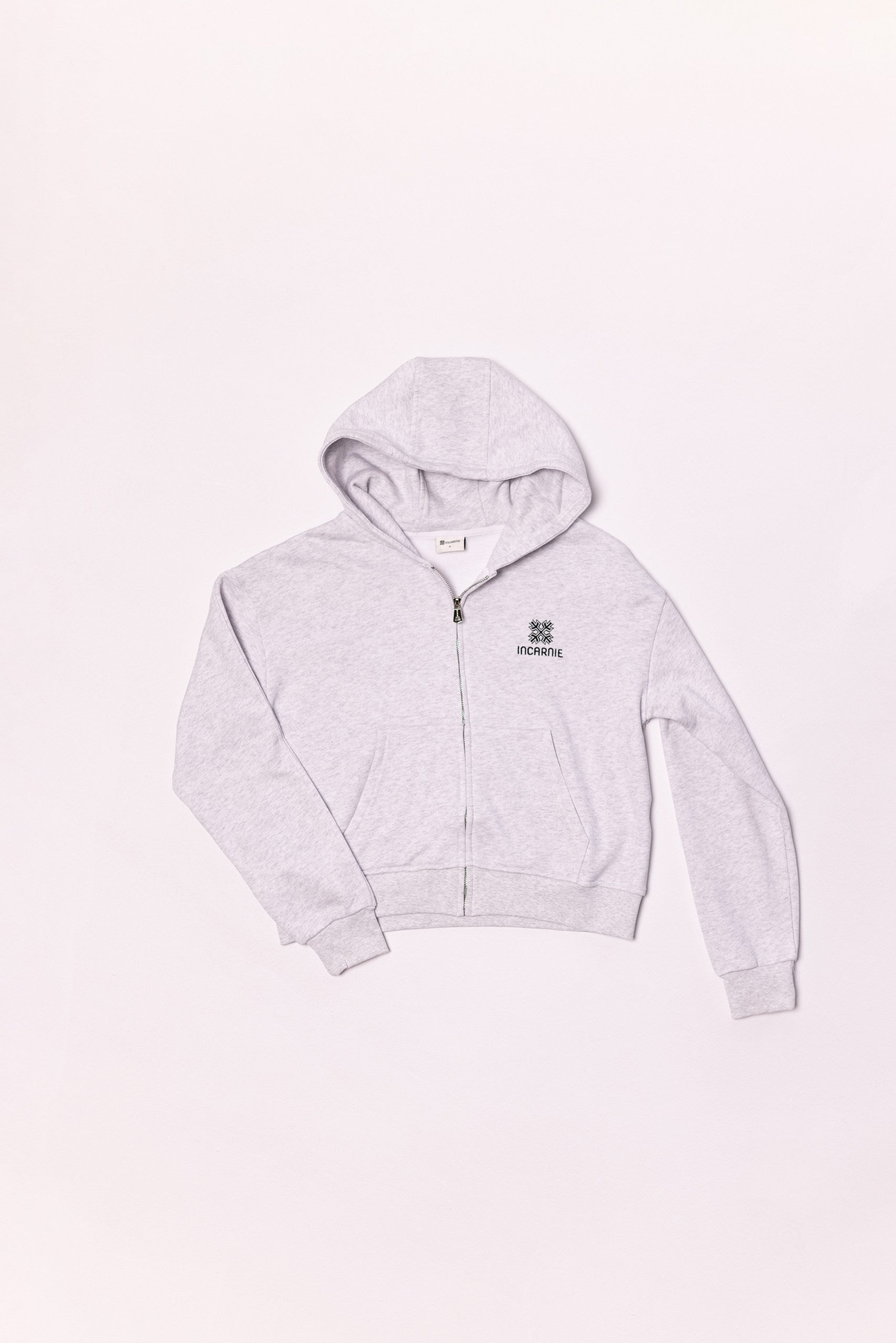 Gray hoodie with a brand logo on a white background