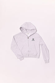 Gray hoodie with a brand logo on a white background