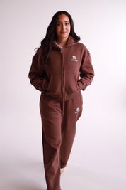 Damen-Kapuzenpullover mit Emblem und Reißverschluss – Kakaobraun